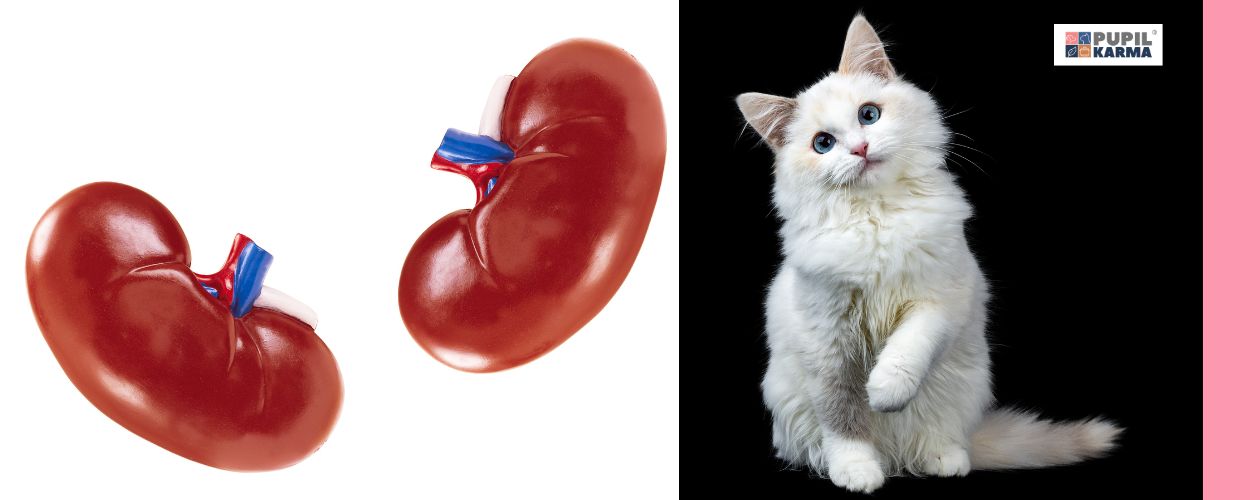 Jakie funkcje pełnią nerki. Z lewej na białym tle czerwone, symboliczne nerki, po prawej biały kot na czarnym tle. Z prawej pasek różu i logotyp pupilkarma.